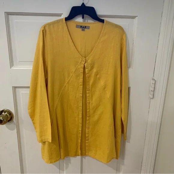 FLAX Women’s Lithuanian Linen Yellow Button Front Cardigan Lagenlook Size Small - Picture 2 of 12